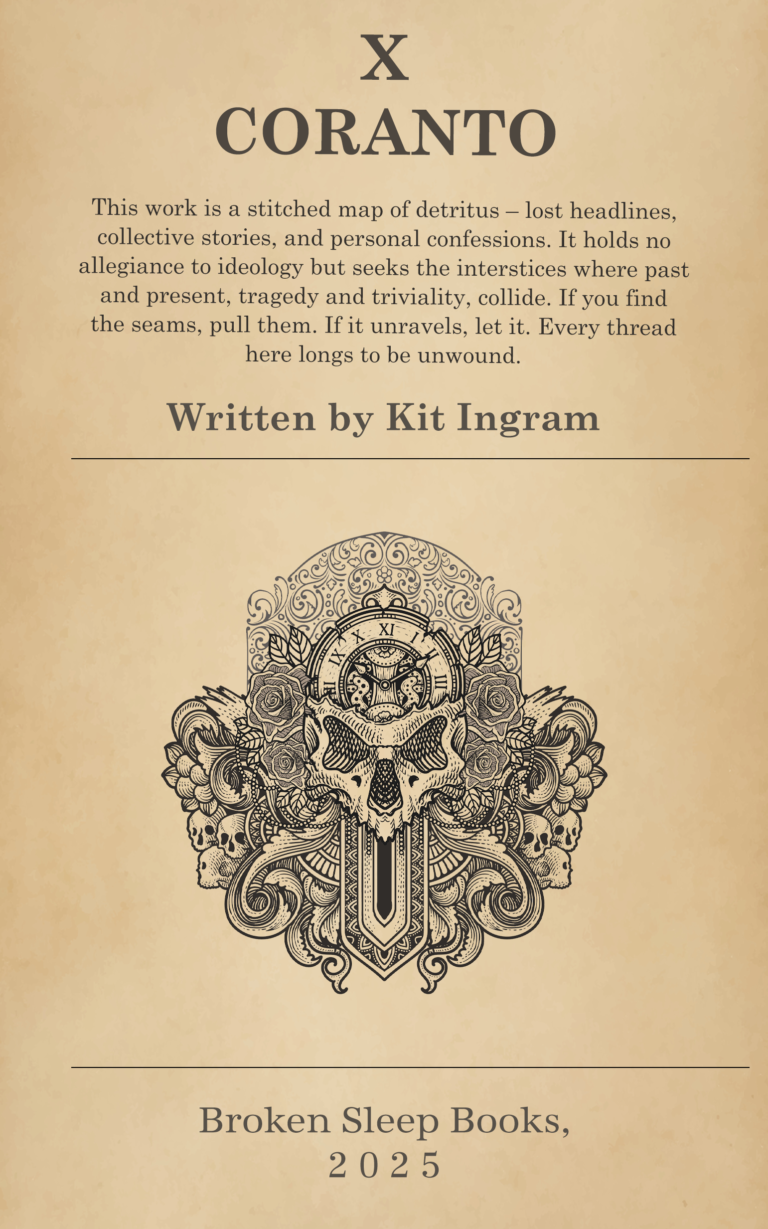 Cover of X Coranto by Kit Ingram. The title appears in serif type over aged newspaper.